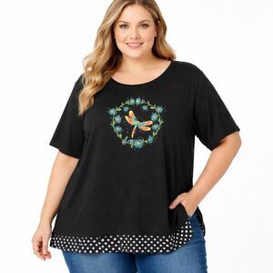 Quacker Factory Dragonfly Tunic Size 2X Black Embroidered NWOT